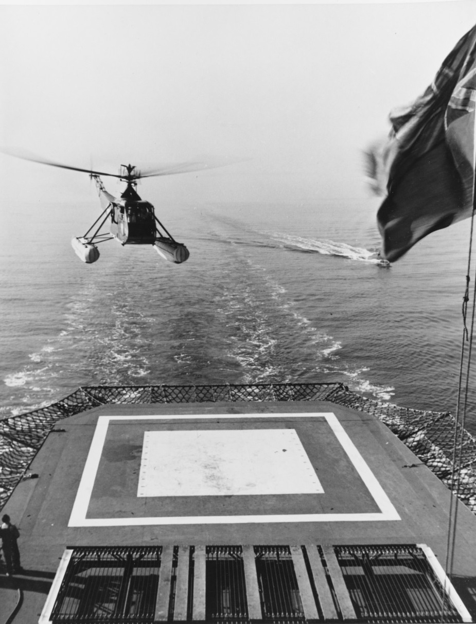 A Sikorsky HNS-1 approaches the landing platform on board S.S. Daghestan. (National Archives) A Sikorsky HNS-1 approaches the landing platform on board S.S. Daghestan. (National Archives)